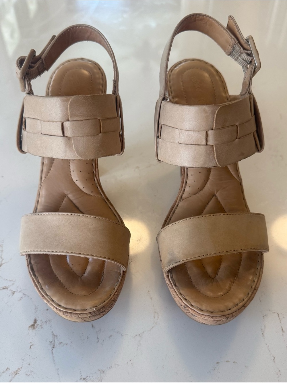 Born Crown Beige Woven Leather  Heeled Sandals, Size 9
